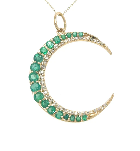 14KT HALF MOON PENDANT WITH EMERALD AND DIAMONDS