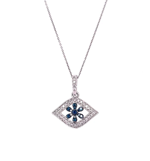 14KT WHITE GOLD BLUE SAPPHIRE EVIL EYE FLOWER WITH DIAMONDS PENDANT