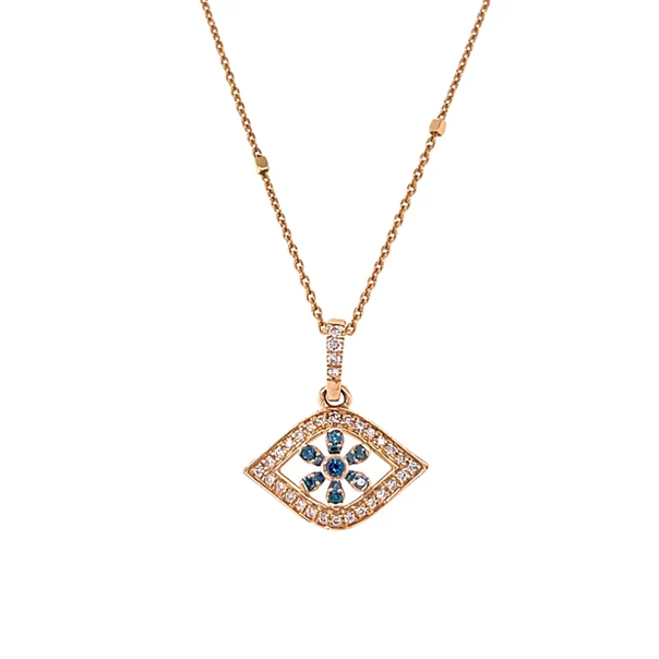 14KT YELLOW GOLD BLUE SAPPHIRE EVIL EYE FLOWER WITH DIAMONDS PENDENT