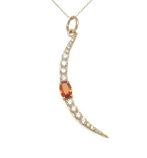 14KT HALF MOON PENDANT WITH SAPPHIRE AND DIAMONDS