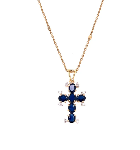 14KT YELLOW GOLD BLUE SAPPHIRE WITH DIAMONDS PENDANT