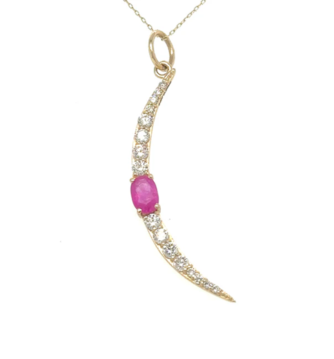 14KT HALF MOON PENDANT WITH RUBY AND DIAMONDS