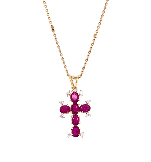 14KT YELLOW GOLD CROSS WITH RUBY AND DIAMONDS PENDaNT