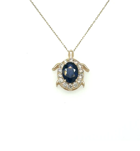 14KT YELLOW GOLD BLUE SAPPHIRE AND DIAMONDS TURTLE PENDANT