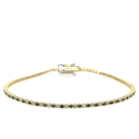 14KT YELLOW GOLD DIAMONDS AND BLUE SAPPHIRE TENNIS BRACELET 7"