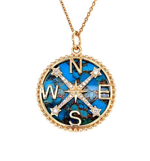 14KT YELLOW GOLD MOHAVE TURQUOISE COMPASS PENDANT WITH DIAMONDS