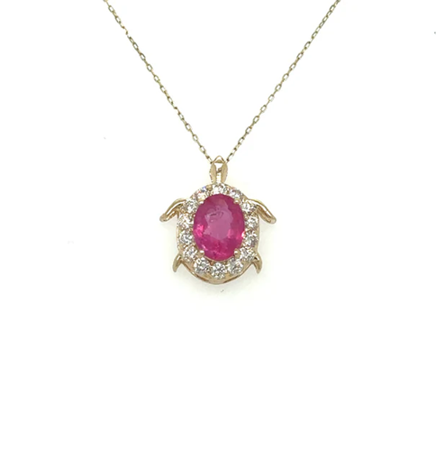 14KT YELLOW GOLD RUBY AND DIAMONDS TURTLE PENDANT