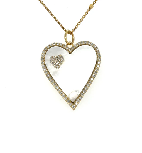 14KT YELLOW GOLD MOTHER OF PEARL HEART PENDANT WITH DIAMONDS