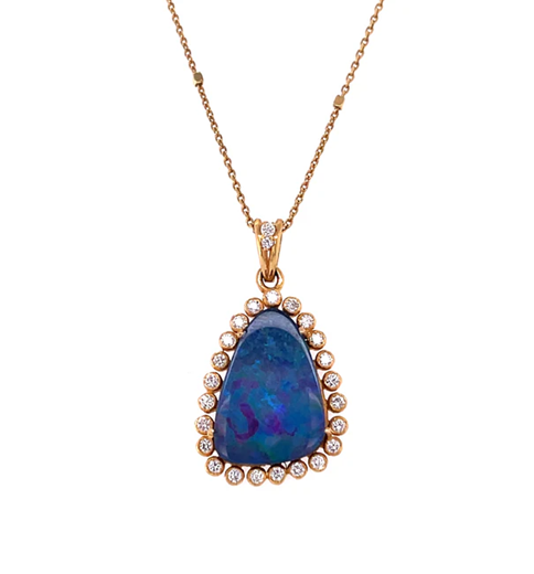 18KT YELLOW GOLD OPAL DOUPLET WITH DIAMONDS PENDANT