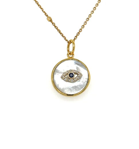 14KT YELLOW GOLD MOTHER OF PEARL EVIL EYE PENDANT WITH DIAMONDS