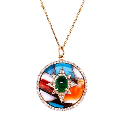 14KT YELLOW GOLD OYSTER TURQUOISE AND EMERALD WITH DIAMONDS PENDANT