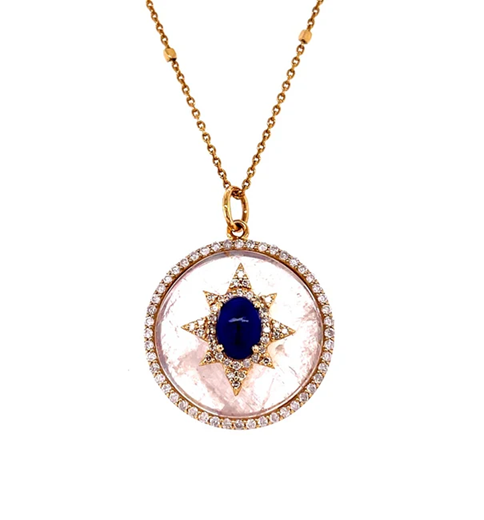14KT YELLOW GOLD RAINBOW MOONSTONE AND LAPIS WITH DIAMONDS PENDANT