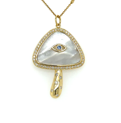 14KT YELLOW GOLD MOTHER OF PEARL MUSHROOM PENDANT WITH DIAMONDS