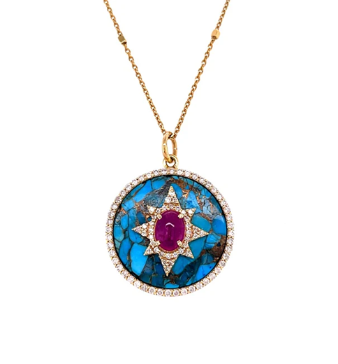 14KT YELLOW GOLD MOHAVE TURQUOISE AND RUBY WITH DIAMONDS PENDANT