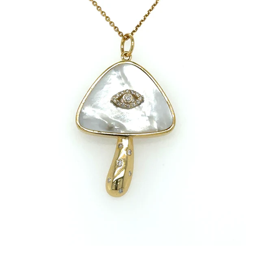 14KT YELLOW GOLD MOTHER OF PEARL MUSHROOM PENDANT WITH DIAMONDS