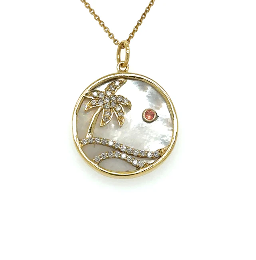 14KT YELLOW GOLD MOTHER OF PEARL PALM TREE PENDANT WITH DIAMONDS