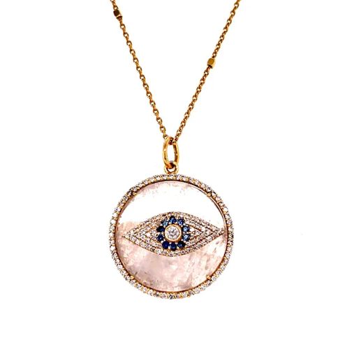 14KT YELLOW GOLD RAINBOW MOONSTONE EVIL EYE WITH BLUE SAPPHIRE AND DIAMONDS