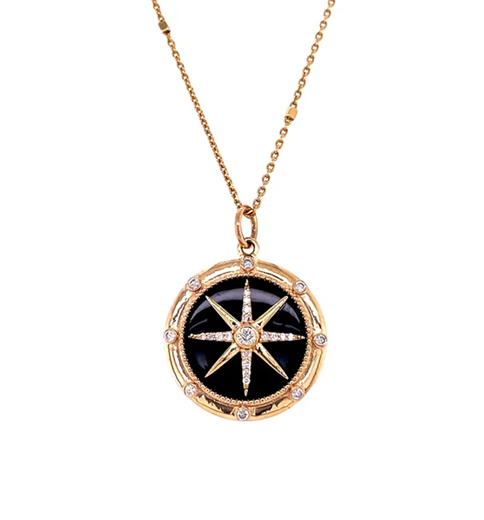 14KT YELLOW GOLD BLACK ONYX COMPASS PENDENT WITH DIAMONDS