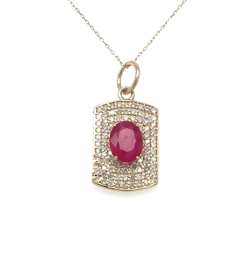 14KT YELLOW GOLD DOGTAG PENDANT WITH RUBY AND DIAMONDS