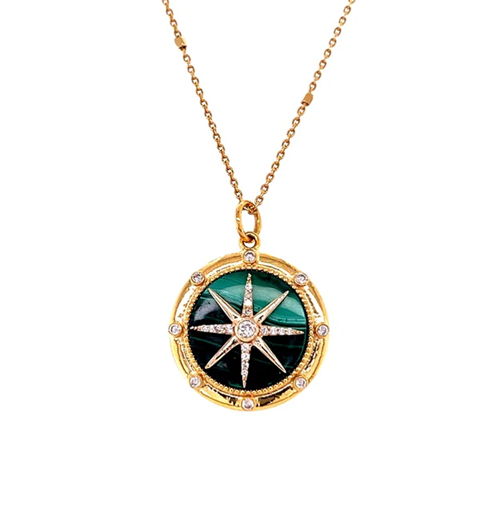 14KT YELLOW GOLD MALACHITE COMPASS PENDANT WITH DIAMONDS