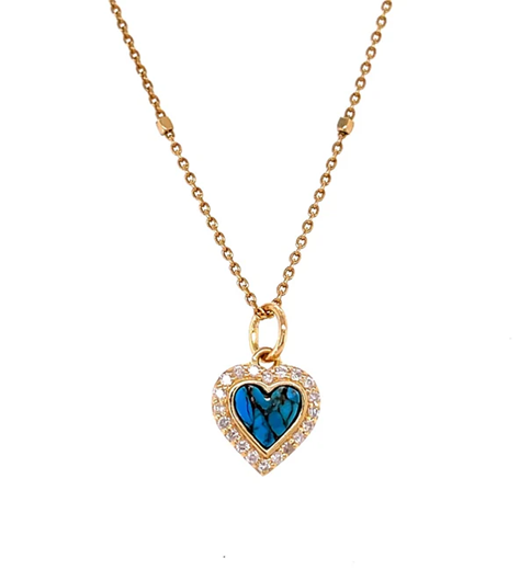 14KT YELLOW GOLD MOHAVE TURQUOISE HEART PENDANT WITH DIAMONDS