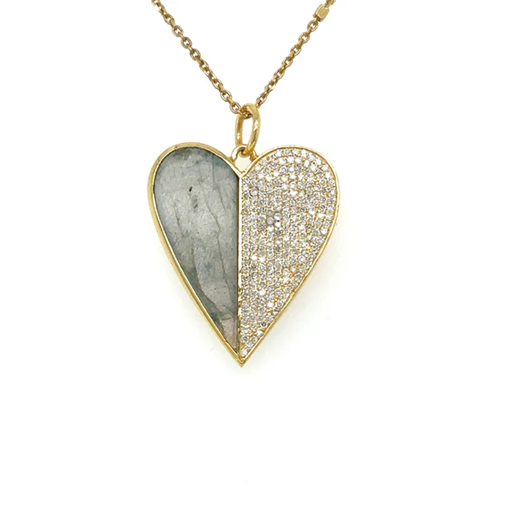 YELLOW GOLD LABRADORITE HEART PENDANT WITH DIAMONDS