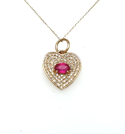14KT YELLOW GOLD HEART PENDANT WITH RUBY AND DIAMONDS