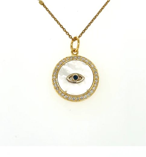 14KT YELLOW GOLD MOTHER OF PEARL EVIL EYE PENDANT WITH DIAMONDS