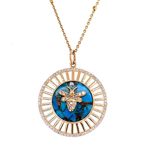 14KT YELLOW GOLD BEE MOHAVE TURQUOISE PENDANT WITH DIAMONDS