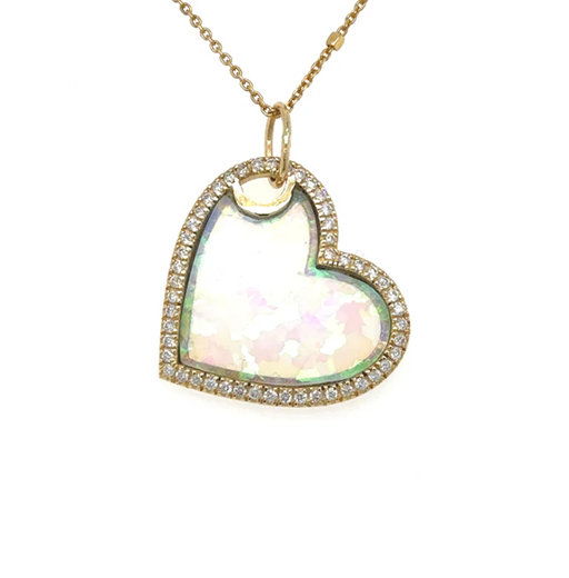 14KT YELLOW GOLD OPAL HEART PENDANT WITH DIAMONDS