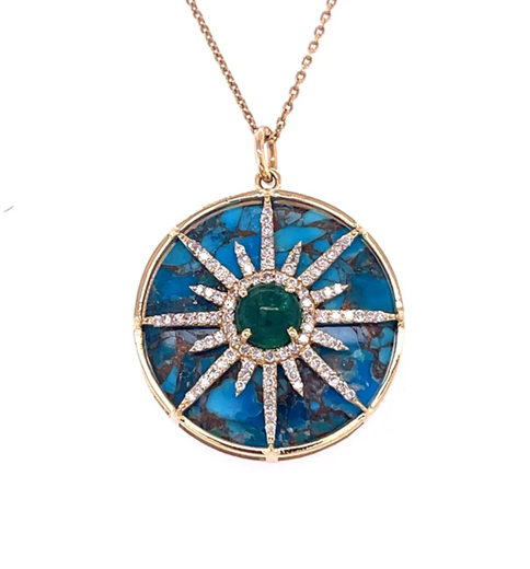 14KT YELLOW GOLD MOHAVE TURQUOISE + EMERALD PENDANT WITH DIAMONDS