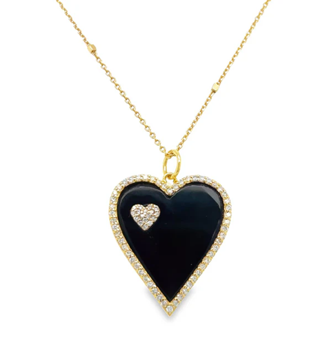 14KT YELLOW GOLD BLACK ONYX HEART PENDANT WITH DIAMONDS