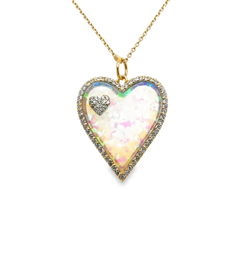 14KT YELLOW GOLD OPAL HEART PENDANT WITH DIAMONDS