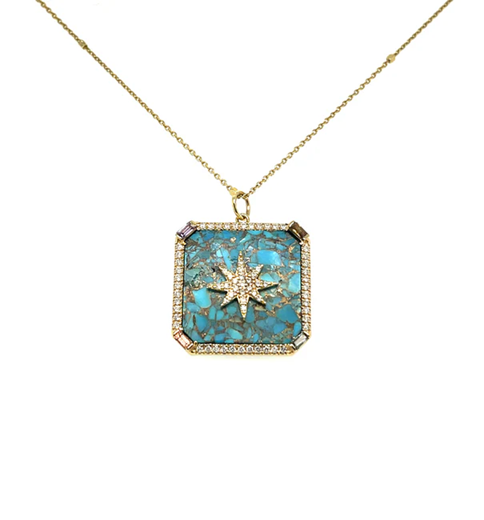 14KT YELLOW GOLD TURQUOISE MULTICOLOR SAPPHIRE SQUARE PENDANT WITH DIAMONDS