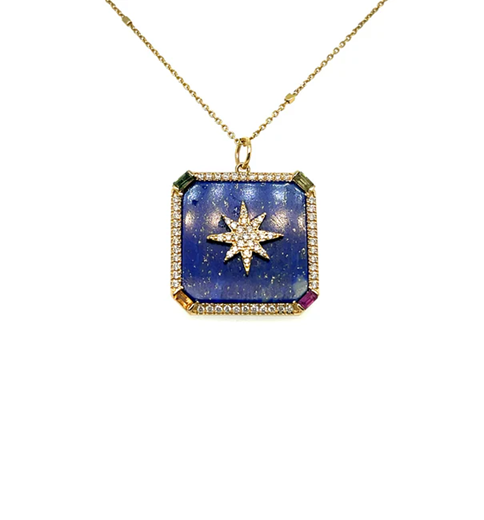 YELLOW GOLD LAPIS MULTICOLOR SAPPHIRE SQUARE PENDANT WITH DIAMONDS