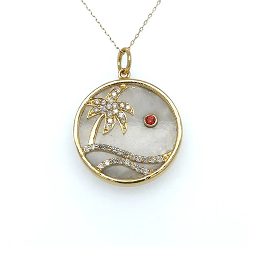 14KT YELLOW GOLD RAINBOW MOONSTONE PALM TREE PENDANT WITH DIAMONDS