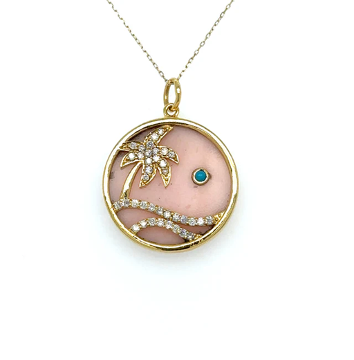 14KT YELLOW GOLD PINK OPAL PALM TREE PENDANT WITH DIAMONDS