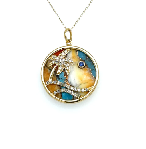 14KT YELLOW GOLD OYSTER PALM TREE PENDANT WITH DIAMONDS