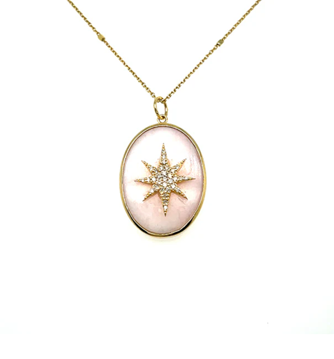 14KT YELLOW GOLD PINK OPAL OVAL PENDANT WITH DIAMONDS