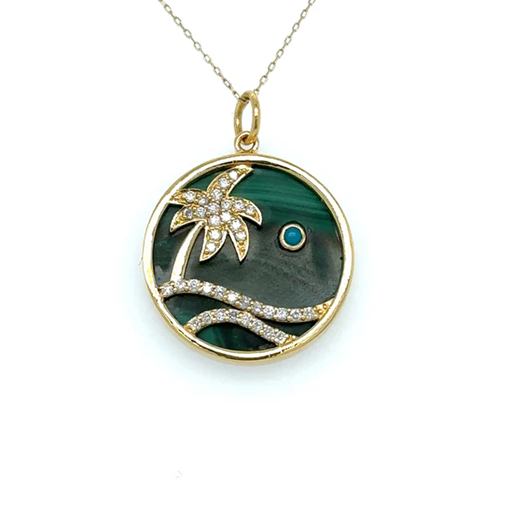 14KT YELLOW GOLD MALACHITE PALM TREE PENDANT WITH DIAMONDS