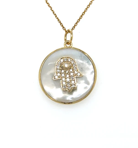 14KT YELLOW GOLD MOTHER OF PEARL HAMSA PENDANT WITH DIAMONDS