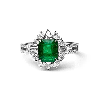 18KT WHITE GOLD EMERALD AND DIAMONDS RING