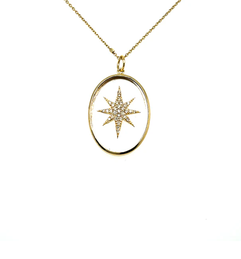 YELLOW GOLD CLEAR QUARTZ OVAL PENDANT WITH DIAMONDS