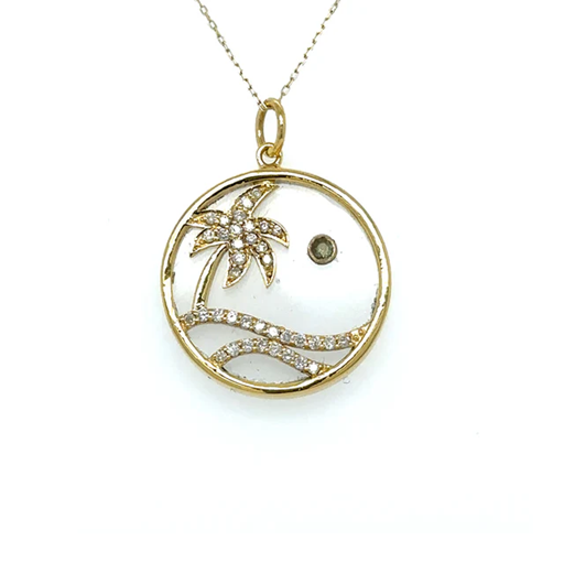 14KT YELLOW GOLD CLEAR QUARTZ PALM TREE PENDANT WITH DIAMONDS