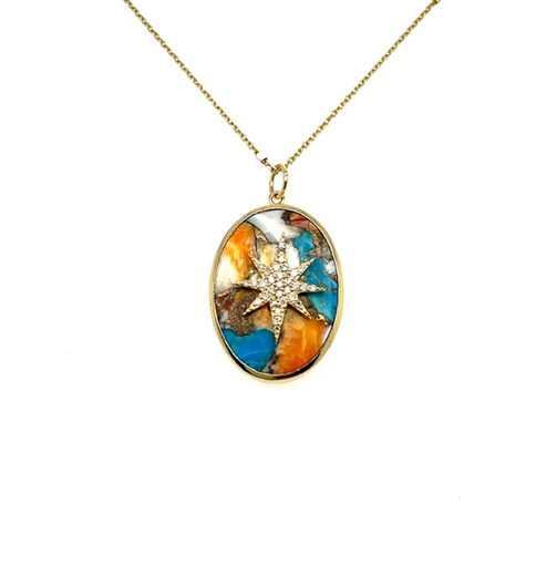 14KT YELLOW GOLD OYSTER TURQUOISE OVAL PENDANT WITH DIAMONDS