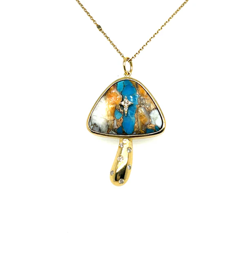 14KT YELLOW GOLD OYSTER TURQUOISE MUSHROOM PENDANT WITH DIAMONDS