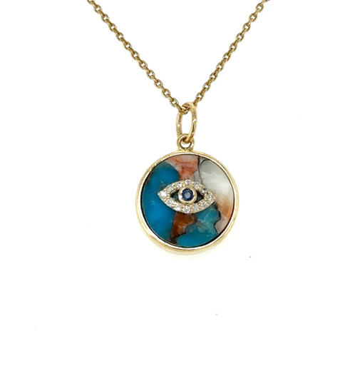 14KT YELLOW GOLD OYSTER EVIL EYE PENDANT WITH DIAMONDS