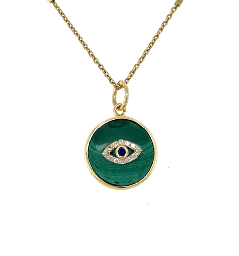 14KT YELLOW GOLD MALACHITE EVIL EYE PENDANT WITH DIAMONDS