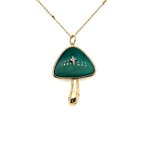 14KT YELLOW GOLD MALACHITE MUSHROOM PENDANT WITH DIAMONDS
