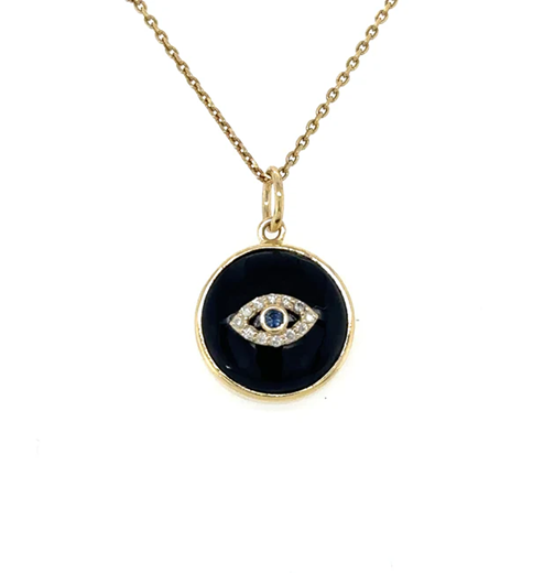 YELLOW GOLD BLACK ONYX EVIL EYE PENDANT WITH DIAMONDS
